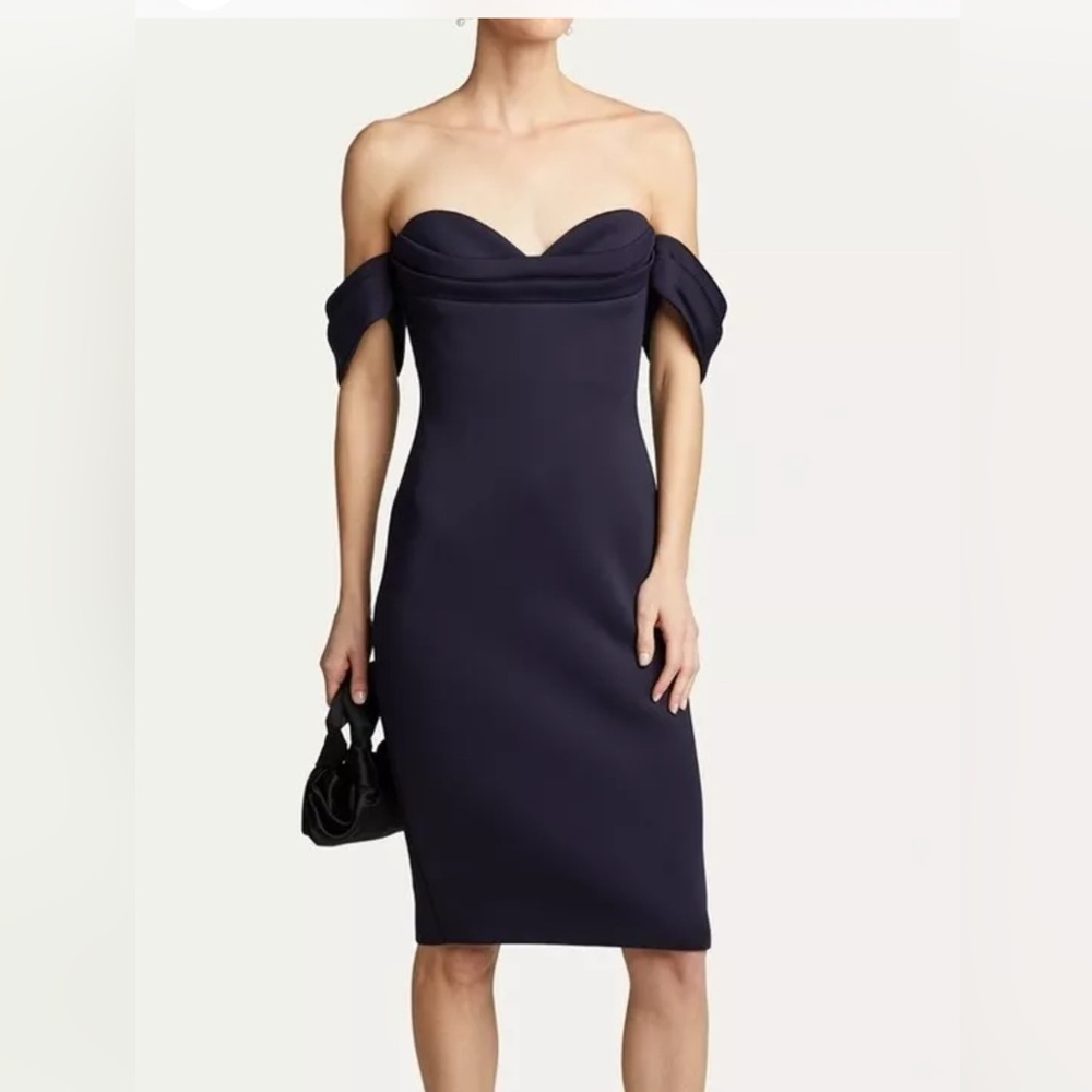 Badgley Mischka Navy Scuba Off the Shoulder Dress